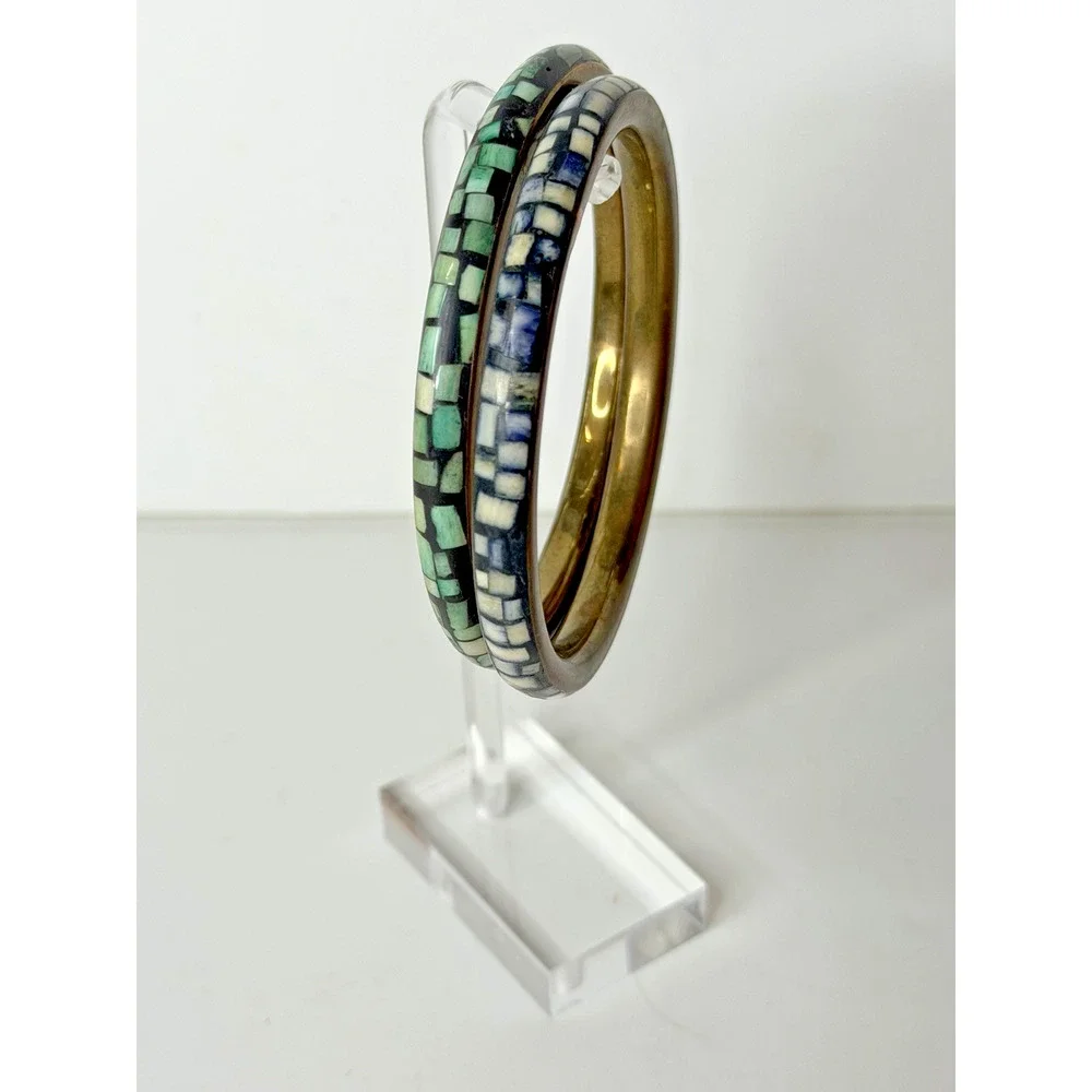 Mosaic Inlay Stone Tile Bangle Bracelet Pair Brass Tone Green Cream Southwestern